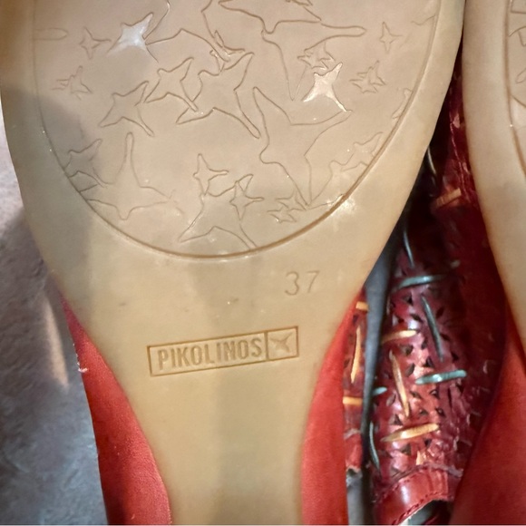 Pikolinos Leather Cutout Slingback Shoes Red Woven Comfort Low Wedge 37 - Picture 3 of 7